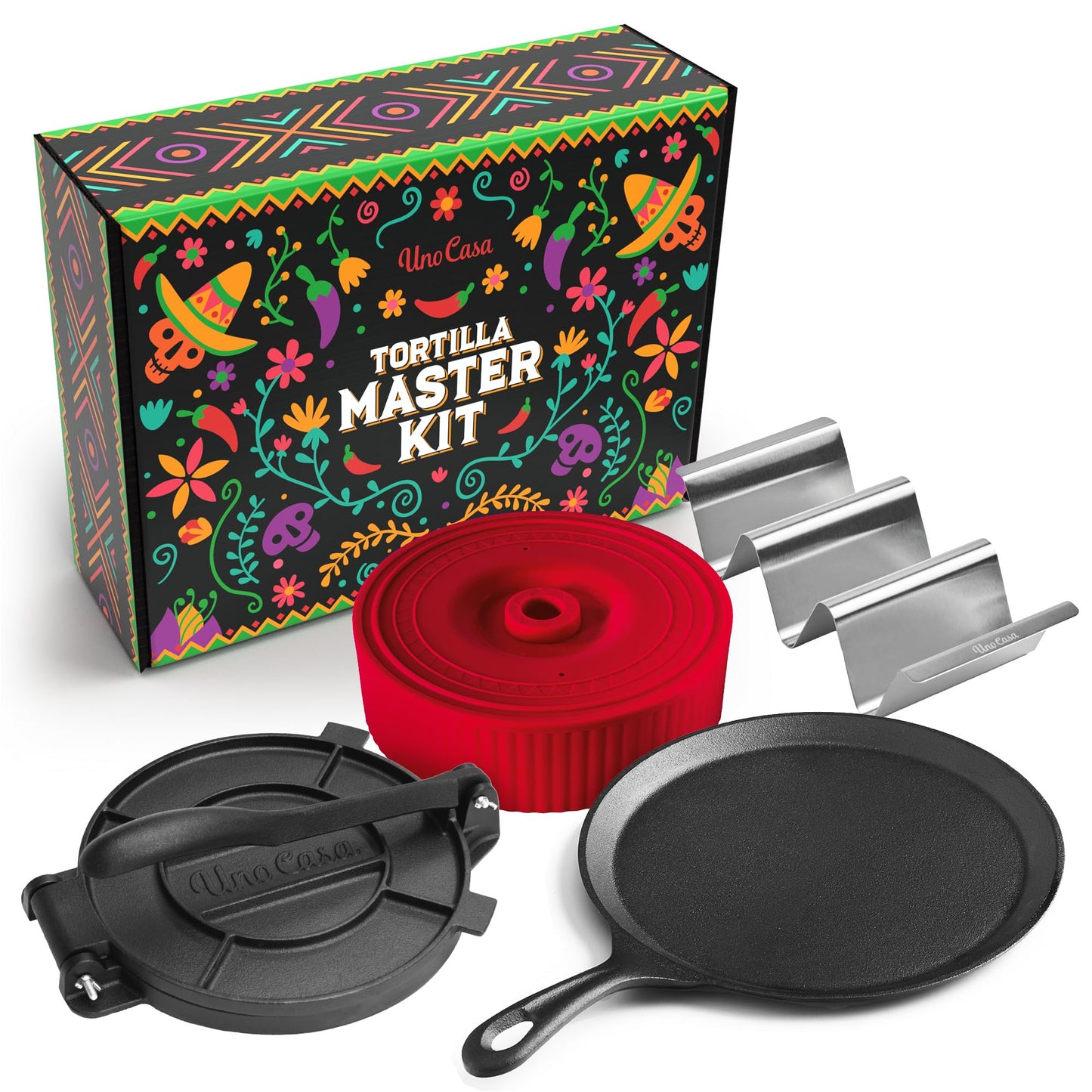 Uno Casa Tortilla Master Kit - Tortilla Press 8 Inch with 10.5 IN Comal Pan, 4 Taco Holders, and Tortilla Warmer - Complete Taco Tuesday Kit, Rotis, and Quesadillas - Unique Gift for Friends or Family