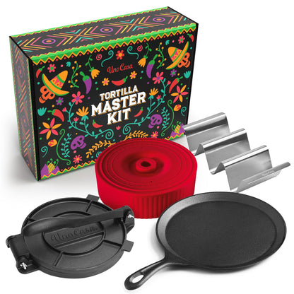 Uno Casa Tortilla Master Kit - Tortilla Press 8 Inch with 10.5 IN Comal Pan, 4 Taco Holders, and Tortilla Warmer - Complete Taco Tuesday Kit, Rotis, and Quesadillas - Unique Gift for Friends or Family