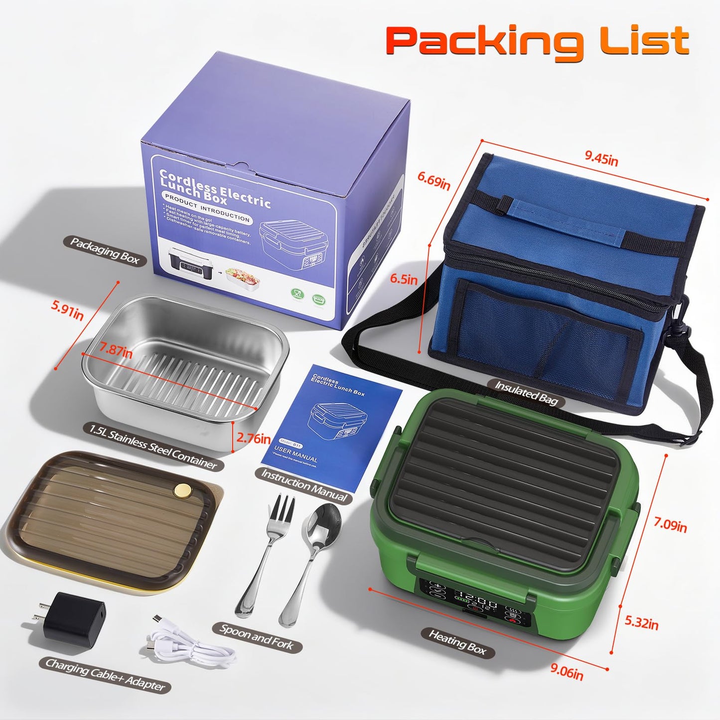 Omboos Cordless Electric Heated Lunch Box, XL 6.3Cups Rechargeable Food Warmer Lunch Box with Self Heating, Smart Timer, Adjustable Temperature, Leakproof, BPA Free, Removable Divider Green