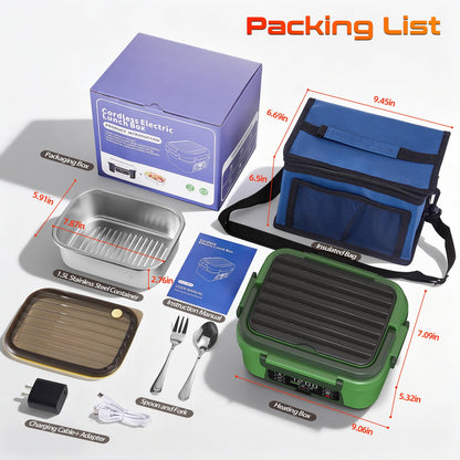 Omboos Cordless Electric Heated Lunch Box, XL 6.3Cups Rechargeable Food Warmer Lunch Box with Self Heating, Smart Timer, Adjustable Temperature, Leakproof, BPA Free, Removable Divider Green