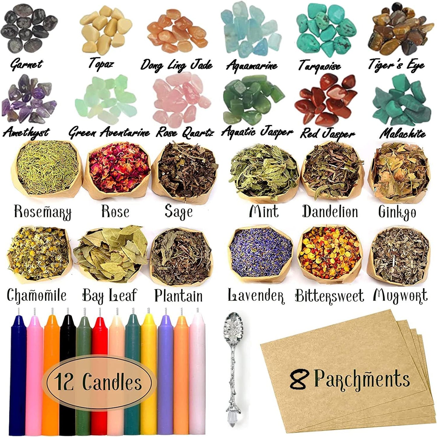 Witchcraft Supplies Kit for Spells, 48 PCS with Dried Herbs, Crystal Jars, Colored Candles, Wiccan Tools