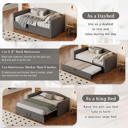 Merax Twin Size Velvet Daybed with Extended Pop Up Trundle, Upholstered Sofa Bed Daybed, Space-Saving Twin to King Design for Guest Room, Mattress not Included, Gray
