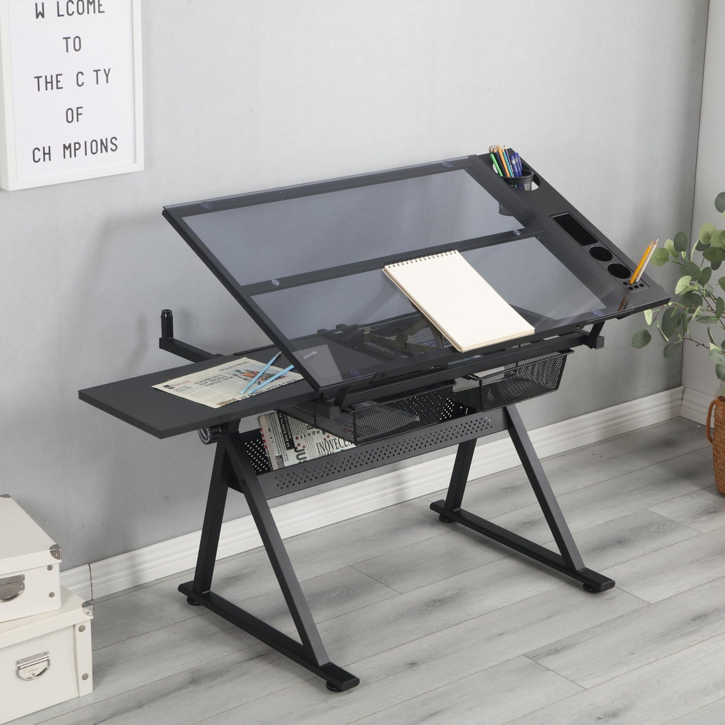 Adjustable Drafting Table with 0-75° Glass Top, Height Adjustable Standing Desk for Artists, Writing Desk for Home Office, Computer Desk with Storage, Black Long Desk for Designers & Art Students,A-1