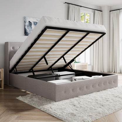 SHA CERLIN King Size Lift Up Storage Bed Frame,Button Tufted Wingback Headboard,Upholstered Platform,Hydraulic Storage,Wooden Slat Support,No Box Spring,Light Beige
