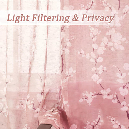 FMFUNCTEX Linen Sheer Curtains, Blush Pink Blossom Patterned, 96 Inches Long, Floral Drapes for Kids Room and Living