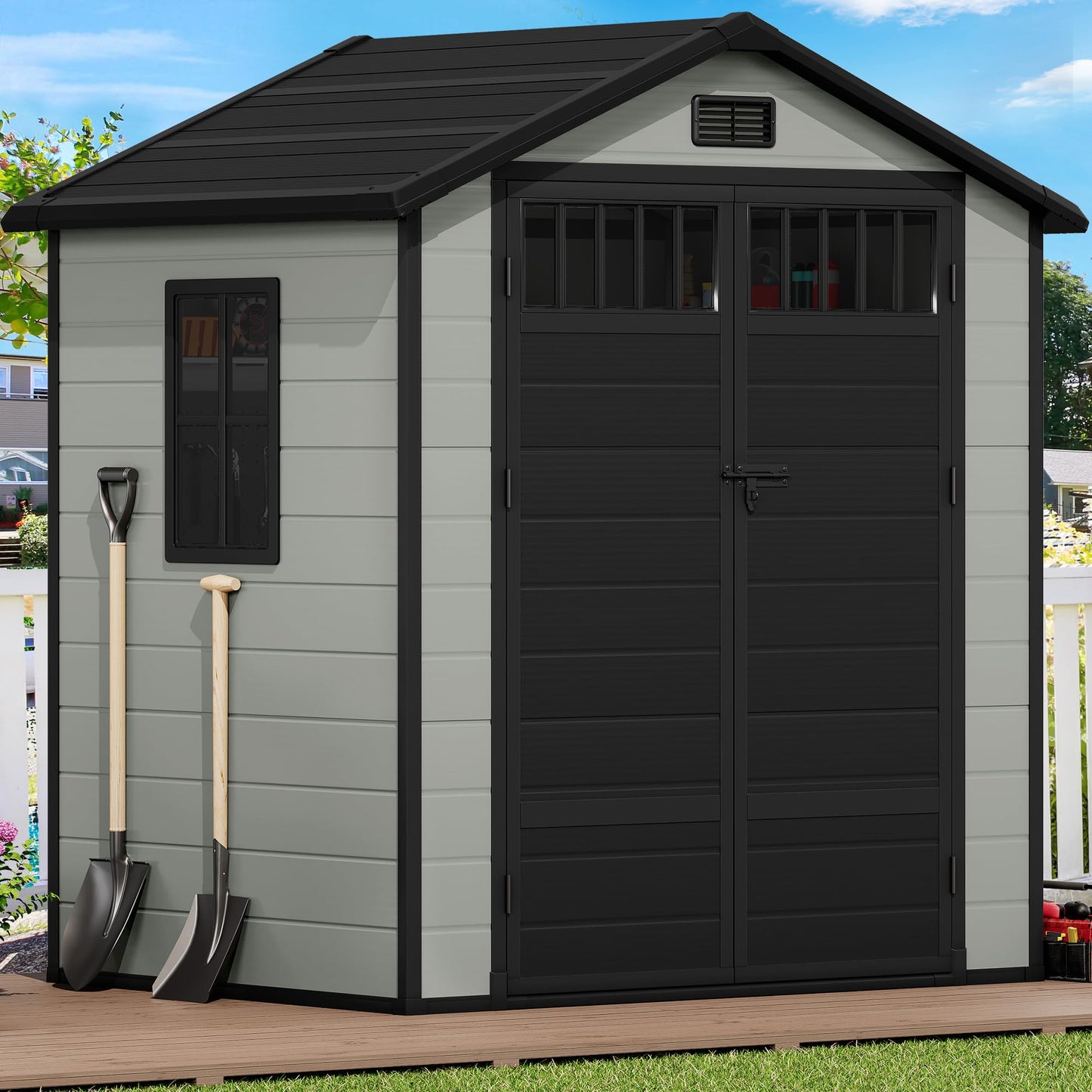 DWVO 6x4.4 FT Resin Storage Shed with Fence-Style and Side Windows, Lockable Door, and Vents Outdoor Storage Shed for Garden, Backyard, Patio, Lawn