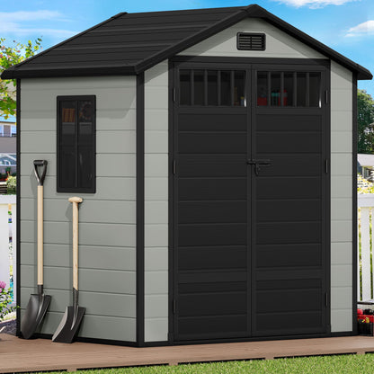 DWVO 6x4.4 FT Resin Storage Shed with Fence-Style and Side Windows, Lockable Door, and Vents for Garden, Backyard, Patio, Lawn, Blue-Gray