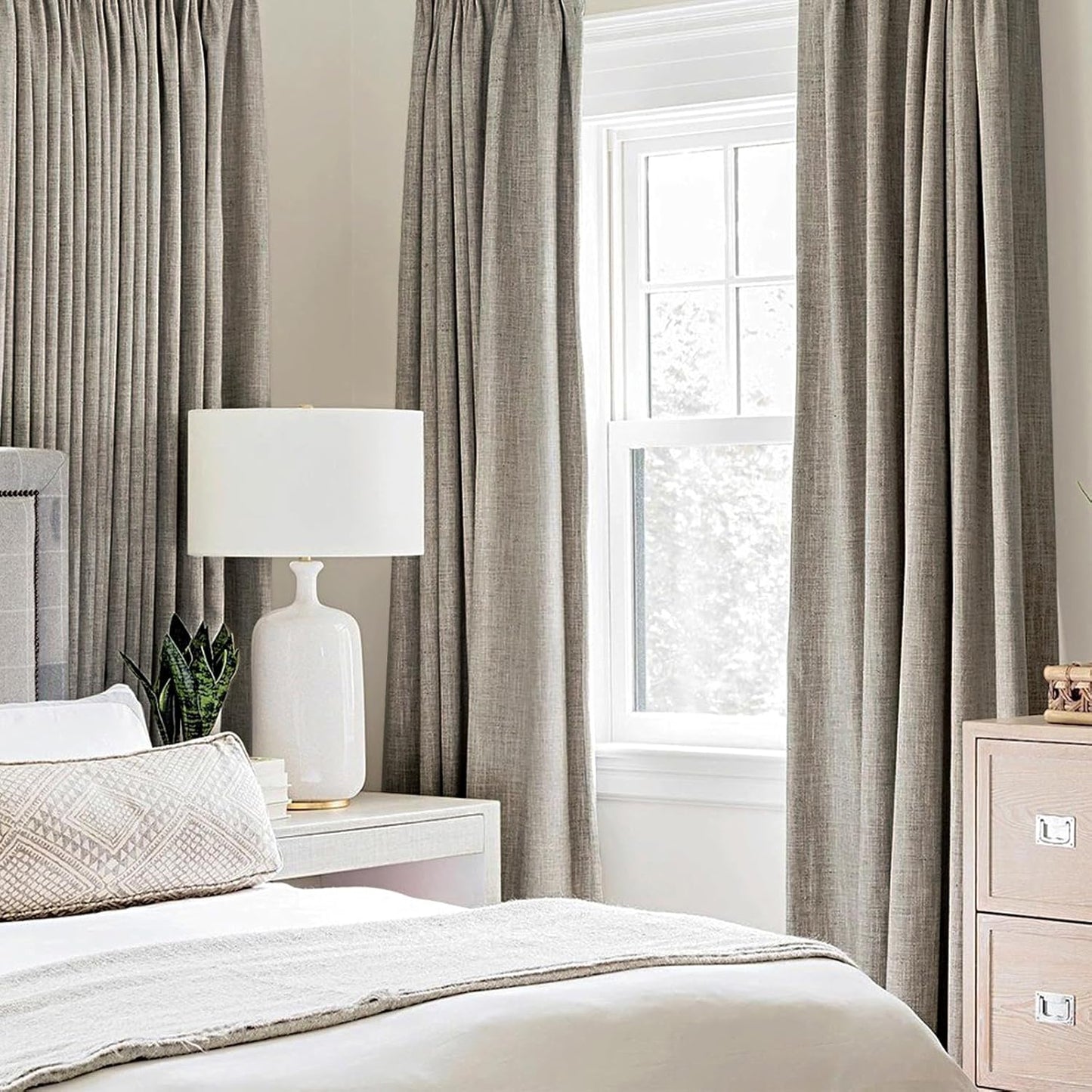 MIULEE Blackout Linen Curtains - 100% Thermal Insulated Greige Drapes | Room Darkening 52x84 Inch (2 Panels)
