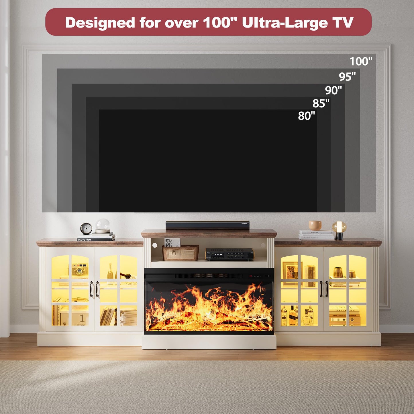 OneBlis 97" Fireplace TV Stand with 36" Electric Fireplace, Farmhouse Entertainment Center for TVs up to 100", Media Console Table with Large Storage Cabinets, for Living Room, White