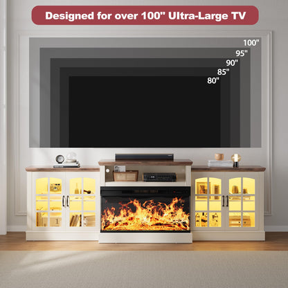 OneBlis 97" Fireplace TV Stand with 36" Electric Fireplace, Farmhouse Entertainment Center for TVs up to 100", Media Console Table with Large Storage Cabinets, for Living Room, White
