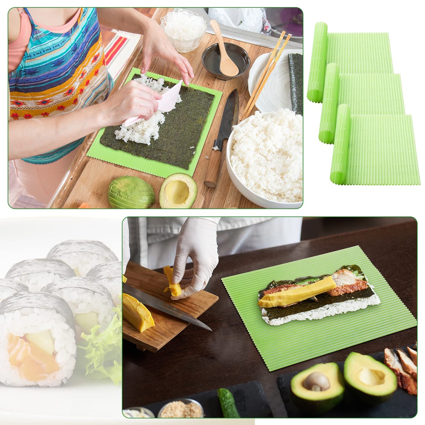 Hoolerry 3 Pieces Kitchen Sushi Rolling Mat Non Stick Japanese Plastic Sushi Plates Making Kit Rolling Maker Homemade for Kitchen Home Cooking DIY(Green)