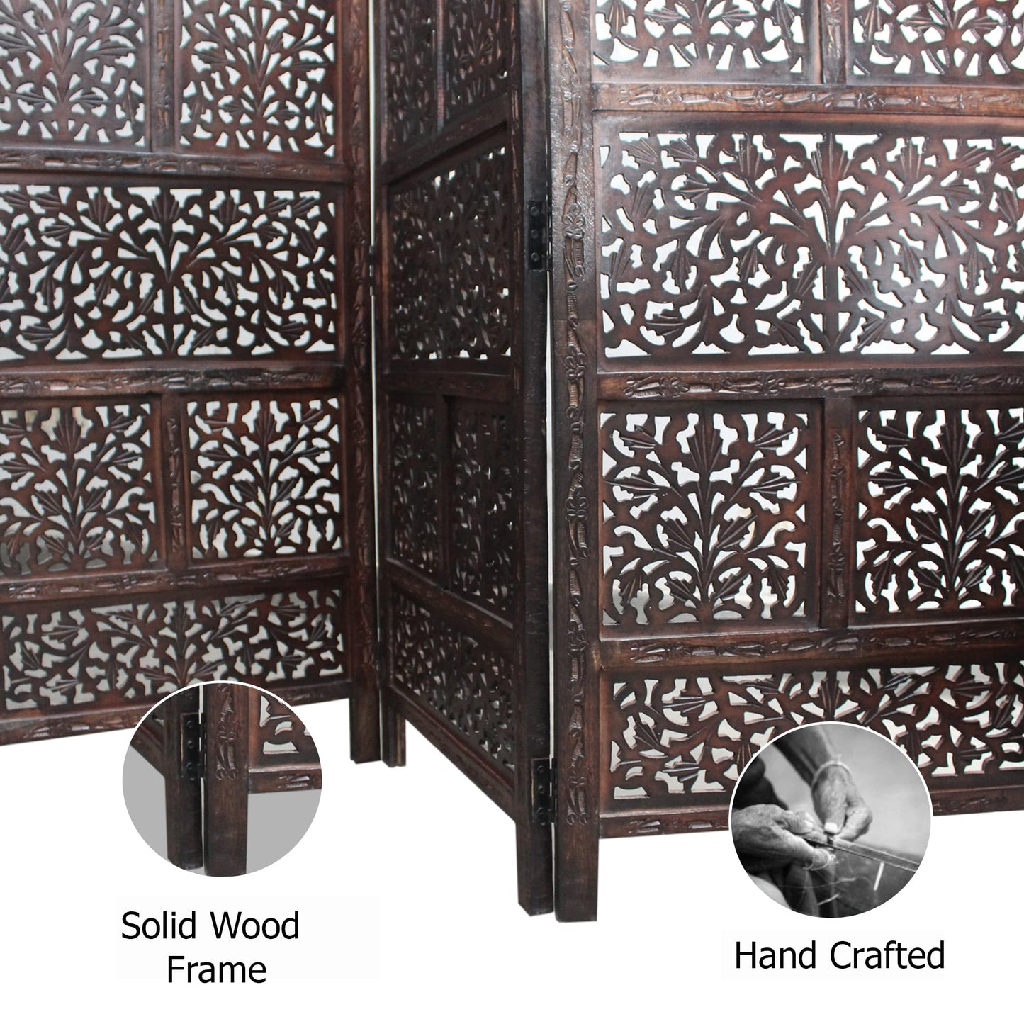 Room Divider Wood Screen - Mahanadi Antique Brown - 4 Panel Folding 72x80 - Wooden Hand Carved Screen Decorative Functional Versatile - Small Spaces Reversible Privacy Partition - COTTON CRAFT