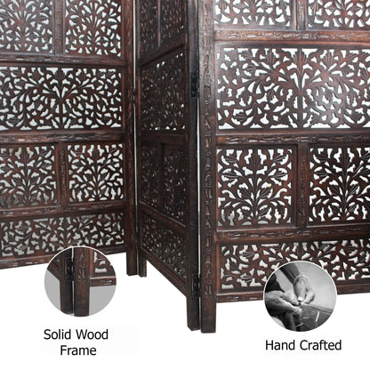 Room Divider Wood Screen - Mahanadi Antique Brown - 4 Panel Folding 72x80 - Wooden Hand Carved Screen Decorative Functional Versatile - Small Spaces Reversible Privacy Partition - COTTON CRAFT