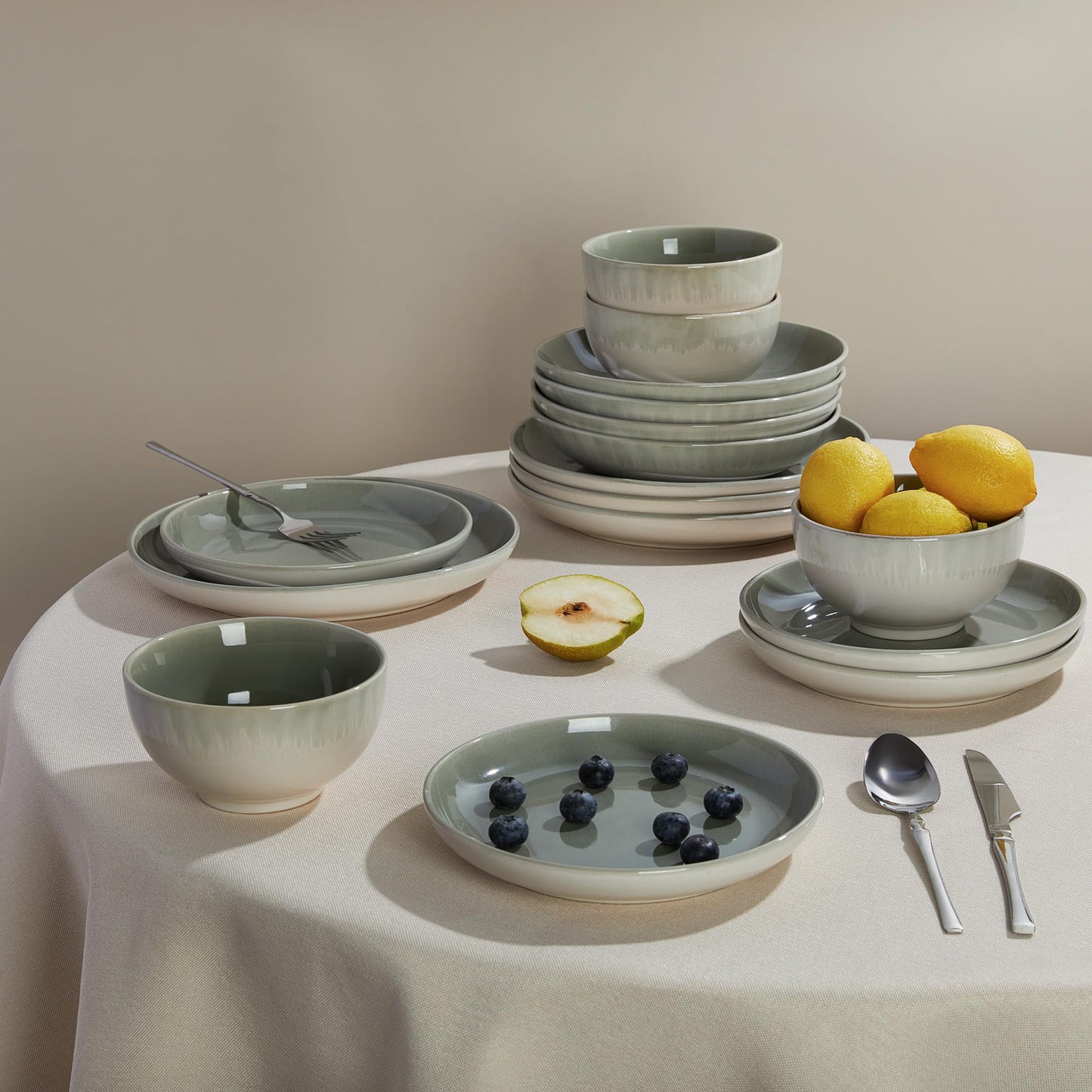 Pokini Stoneware Dinnerware Sets Service for 12, 36 pcs Reactive Glaze Plates and Bowls Sets, Handmade Ceramic Dish Set, Highly Chip and Crack Resistant Modern Plate Set, Gradient Green