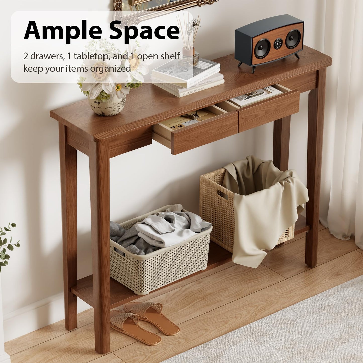 AQIMUELE Wood Console Table with Drawers, Mid Century Modern Console Table Walnut for Entryway, Living Room, Hall Way.