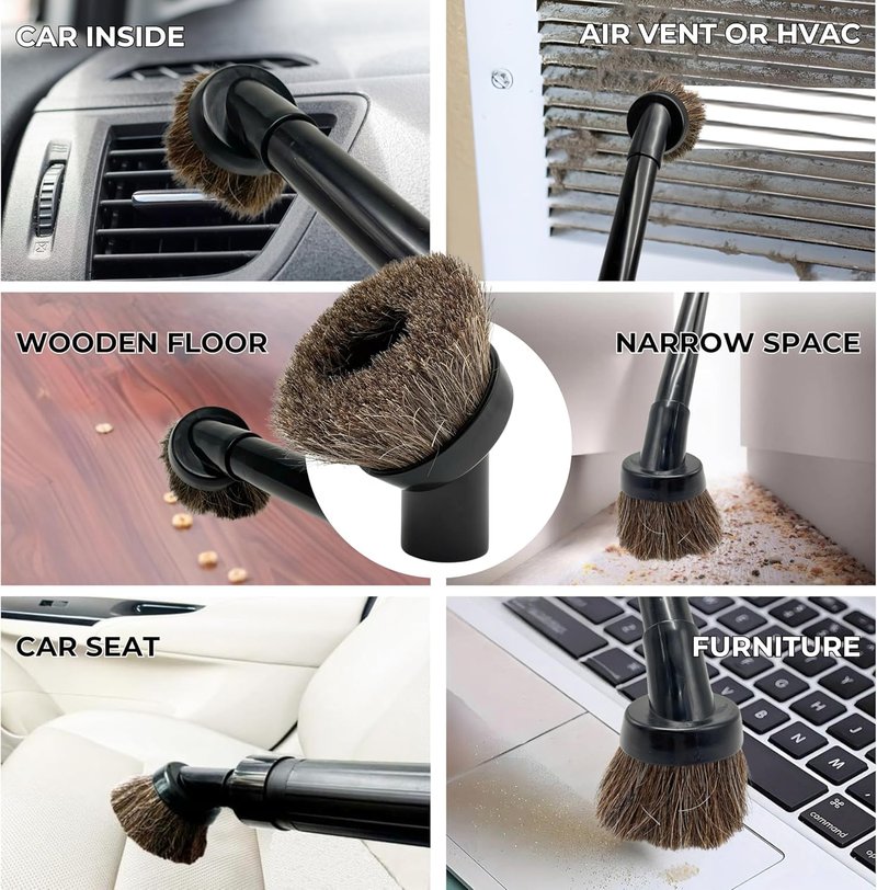 1.25 Inch Horse Hair Vacuum Brush Attachment & 2-1/4'' to 1 1/4'' Vacuum Adapter for Shop Vacs - Premium Soft Horsehair Round Dust Brush: Perfect for Vacuuming Sofas, Furniture Surface and Baseboards