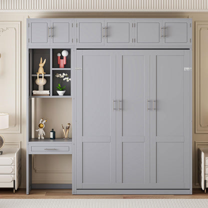 Merax Queen Size Wall Murphy Bed with Desk, Top Cabinet and Storage Shelves, Space Saving Foldable Bed, Wooden Bed Frame