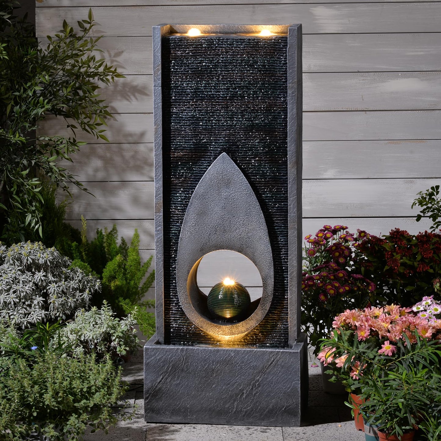 46.5’’Tall Modern Water Fountain Indoor Outdoor Waterfall Feature Floor Standing with Sphere and LED Lights for Garden, Yard, Patio, Deck, Porch, Livingroom Decor