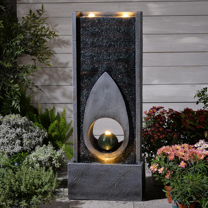 46.5’’Tall Modern Water Fountain Indoor Outdoor Waterfall Feature Floor Standing with Sphere and LED Lights for Garden, Yard, Patio, Deck, Porch, Livingroom Decor