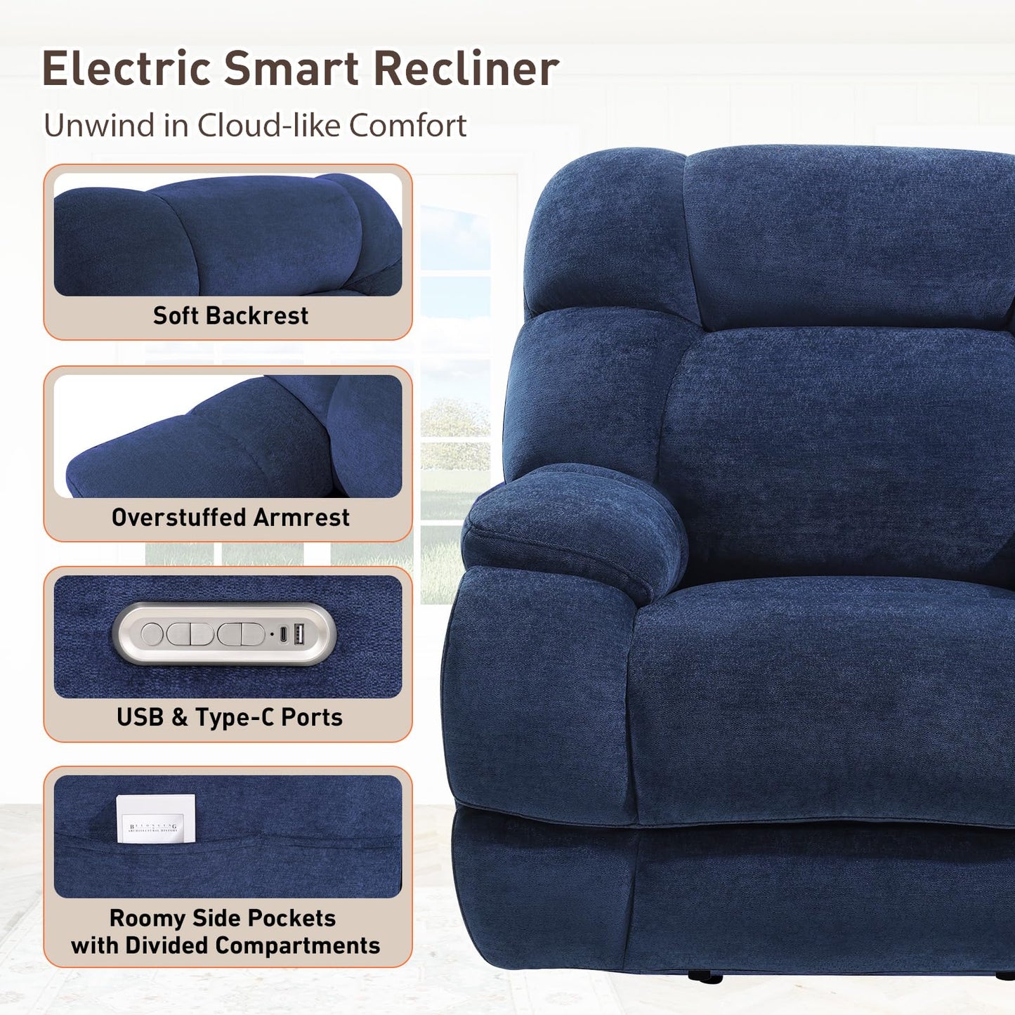 EONIX Dual Motor Zero Gravity Power Recliner Chair, 400lbs Lay Flat Recliner Sofa Chair, Independent Adjustable Footrest and Backrest, Cozy Padding and Cushion, SXXY007032, Navy Blue