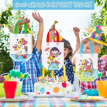 48 Chunful Pieces Coloring Goodie Gift Bags for Kids Birthday Party Reusable Coloring Tote Bags Cute Cartoon Colorful