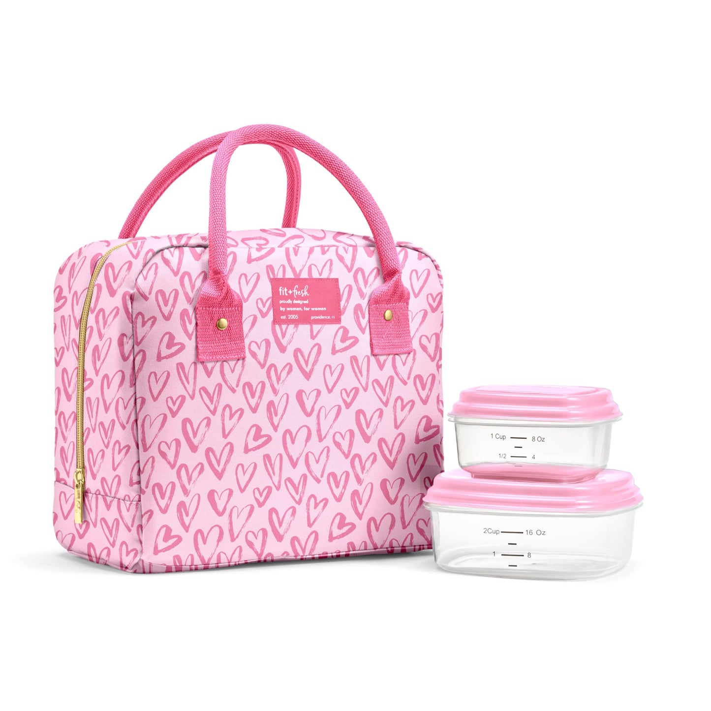 Fit & Fresh Bloomington Lunch Bag for Women - Insulated Large Lunch Box for Work with Containers, Leak-Resistant, Stain-Resistant, Zipper Closure, Pink Doodle Hearts