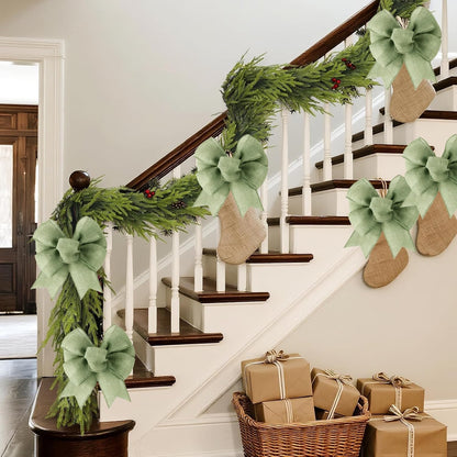 Meseey 8 Pcs Burlap Bows for Wreaths Large 6 Inches Linen Bow for Christmas Decorations Bunting Indoor Outdoor Decor and Party (Sage Green)