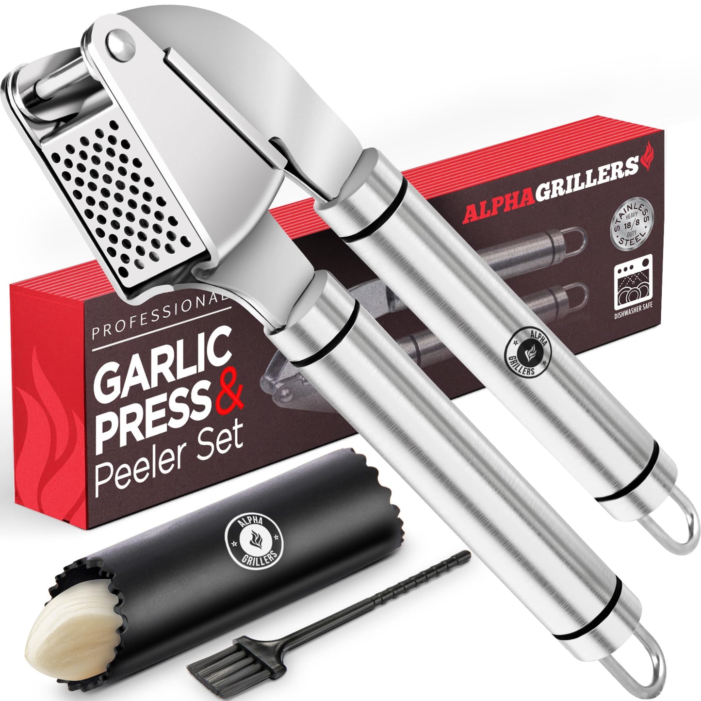 Alpha Grillers Garlic Press Stainless Steel - Easy to Clean, Rust-Proof, Dishwasher Safe - Stainless Steel Garlic Press, Mincer, Crusher with Silicone Peeler & Cleaning Brush