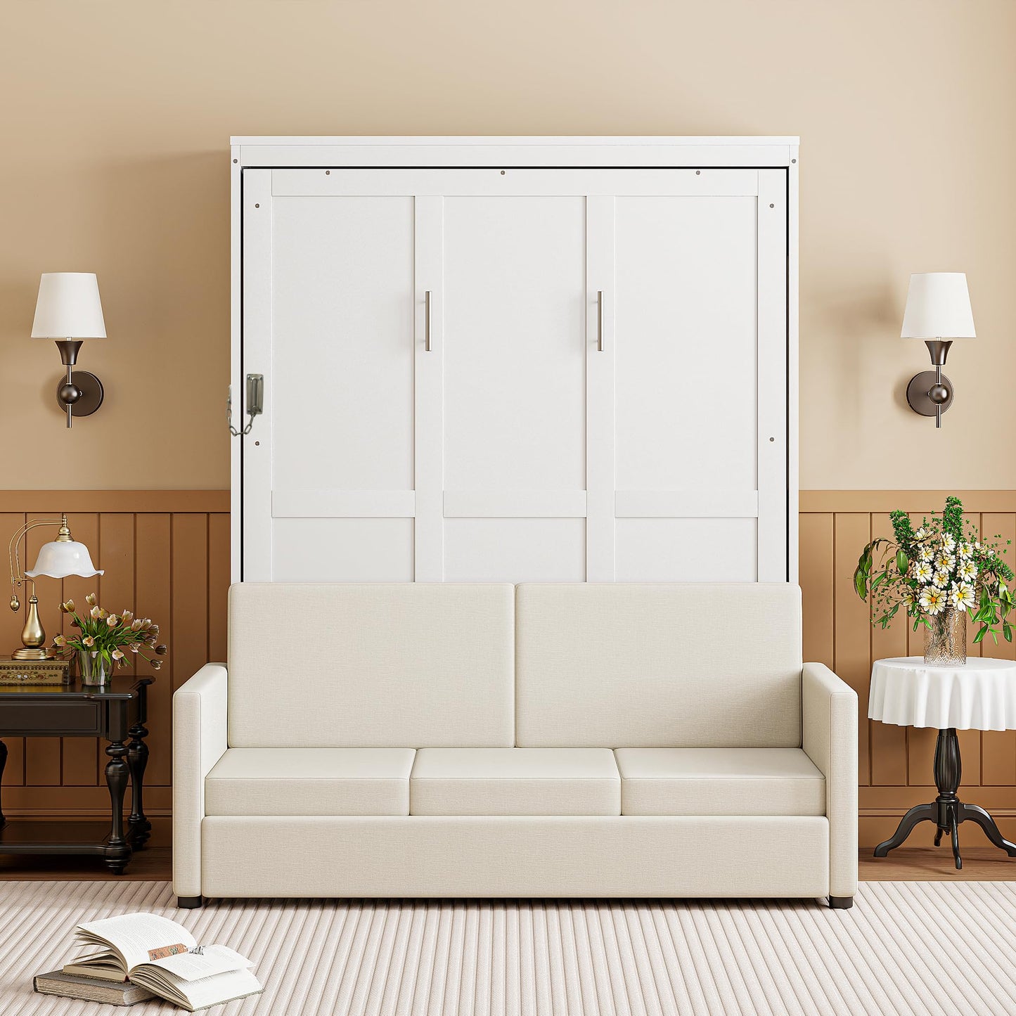 Ball & Cast Murphy Bed Full Size W/ 2 Seat Sofa,Murphy Bed Cabinet W/Cushion,Hideaway Bed W/Support Leg & Handles,for Bedroom Office Guest Room,White