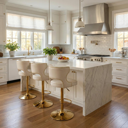 EALSON Leather Bar Stools Set of 2 Swivel Counter Height Barstools with Back Adjustable Bar Chairs with Gold Base Modern Upholstered Kitchen Island Stools for Home Bar Dining Room, PU Beige