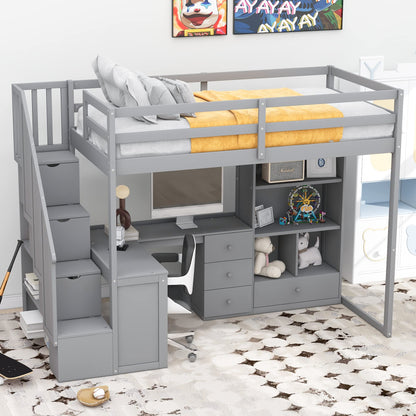 KTATK Twin Size Loft Bed with Storage Shelves and Under-Bed Desk,Bedroom Multifunctional Bed Frame w/Solid Wood Slat Support & Full-Length Guardrail,for Adult Boy Girl Teen,White