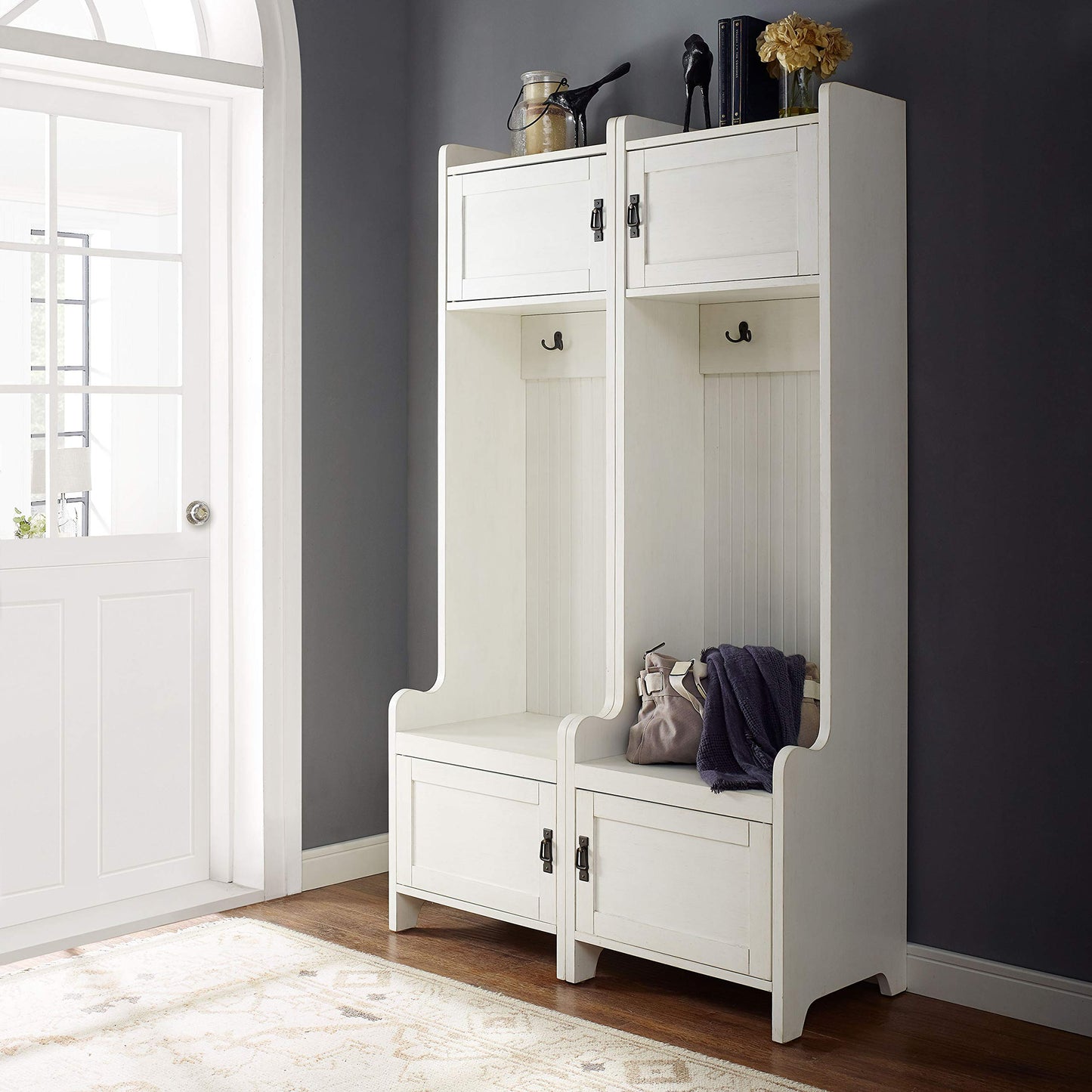 Crosley Furniture Fremont 2-Piece Hall Tree Entryway Set with Storage Cabinets and Coat Rack Hooks, Distressed White