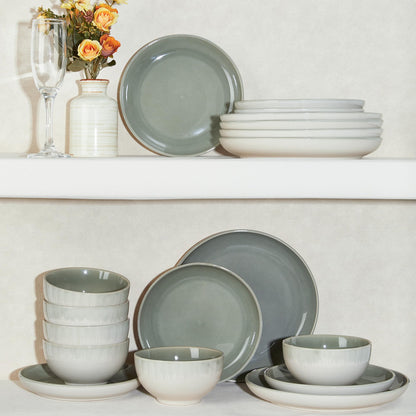 Pokini Stoneware Dinnerware Sets Service for 12, 36 pcs Reactive Glaze Plates and Bowls Sets, Handmade Ceramic Dish Set, Highly Chip and Crack Resistant Modern Plate Set, Gradient Green