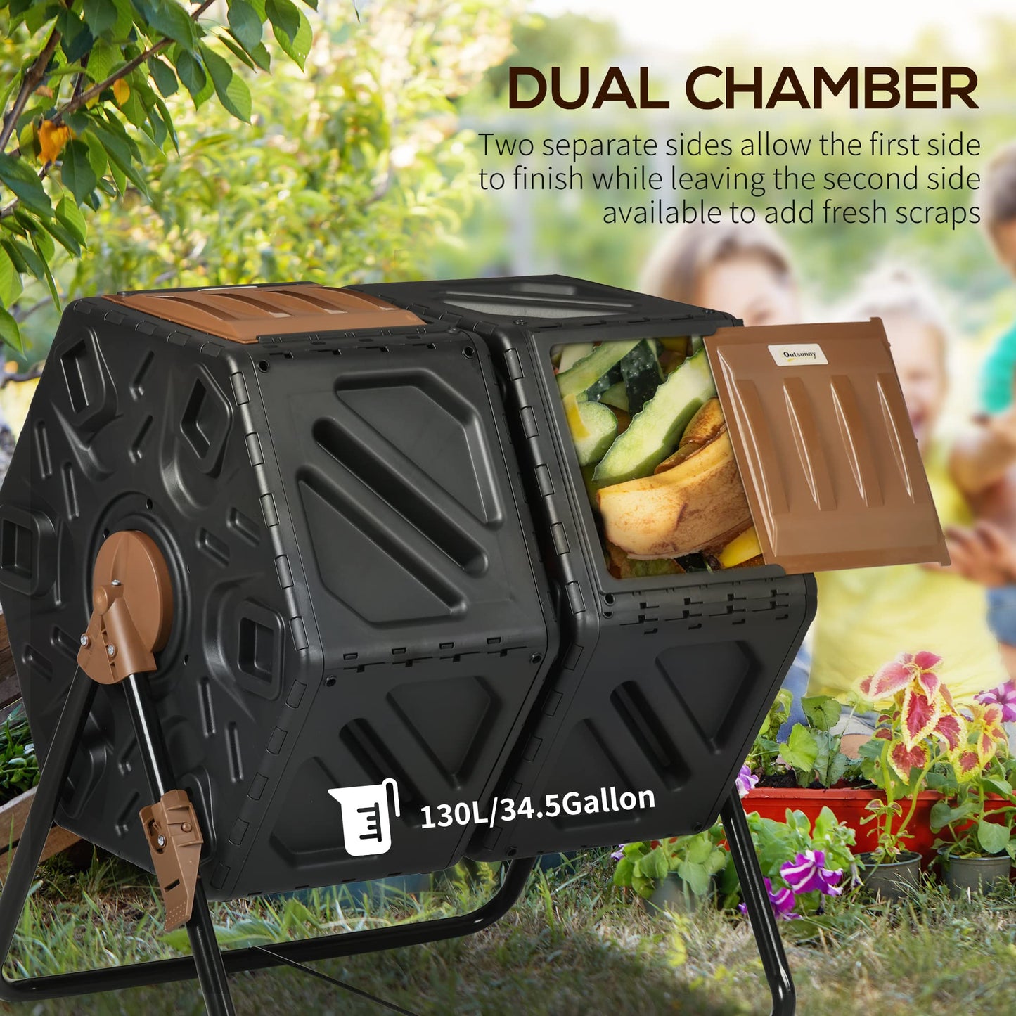 Dual Chamber Compost Tumbler Bin, Outdoor Tumbling Composter with 24 Ventilation Openings and Steel Legs, 34.5 Gallon