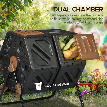 Dual Chamber Compost Tumbler Bin, Outdoor Tumbling Composter with 24 Ventilation Openings and Steel Legs, 34.5 Gallon
