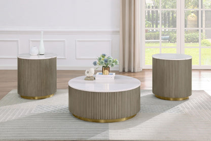 Coaster Home Furnishings - Jason - Wood and Metal - 3-Piece Coffee Table Set with Marble Tops, Reeded Drum Bases, and Gold Ring Accents - Living Room - Greige and White Marble - 711418-S3