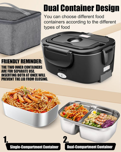 Buddew Electric Heated Lunch Box, 80W Fast Heating with Dual 1.5L Food-Grade 304 Stainless Steel, 12V/24V/110V Portable Food Warmer for Car Truck Office Adults, Lonchera Electrica Portatil (Black)