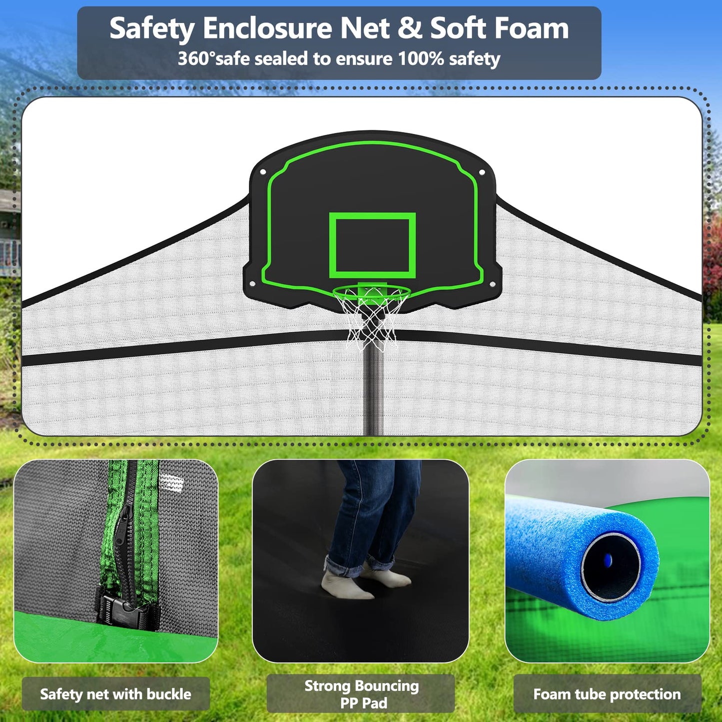 Lyromix Upgraded 16FT Trampoline with Lights, Large Outdoor Trampoline with Sprinkler,Basketball Hoop and Net, Capacity for 5-8 Kids and Adults, Teal Blue