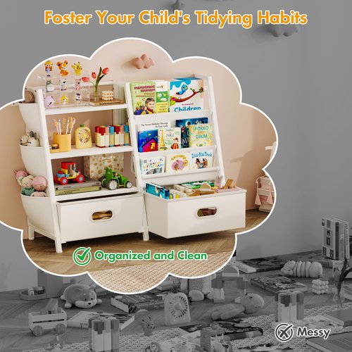 Homeiju Kids Bookshelf and Toy Storage Organizer, 3 Tier Kids Bookcase, Sling Bookshelf and 2 Toy Bins with Toy Storage Organizer for Children Room, Playroom, Nursery, White