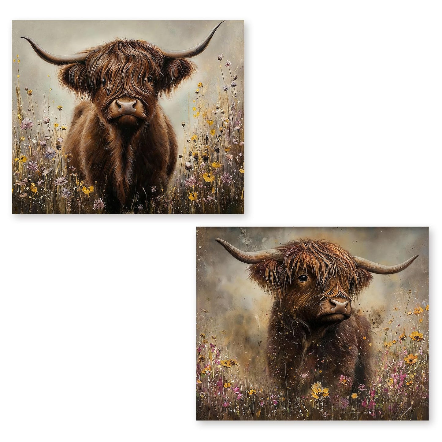 RLTXBUK 2 Pack Vintage Moody Highland Cow Diamond Art Kits, Gifts for Cow Lovers, Farmhouse Wildflowers Highland Cattle Gem Diamond Painting Art Kits for Adults Kids Beginners, 9.8x11.8 Inch