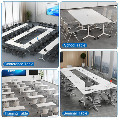 Modular Folding Conference Room Table with Wheels - 4 Pack Flip Top Mobile Training Table,Modern Meeting Tables 2-30 Person,White,55.1"x21.6"x29.5"