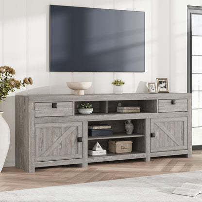 Farmhouse TV Stand for 75/80 Inch TVs, Long Entertainment Center with 4 Storage Drawers & 3 Open Shelf, Grey Television Consoles Stands for Living Room, Bedroom
