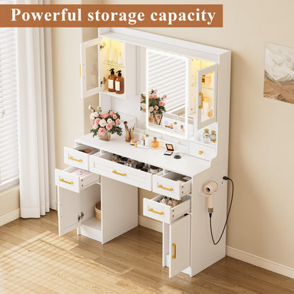 NUNU LAB Large White Vanity Desk with Mirror and Lights with 5 Drawers, Women Makeup Table with Power Outlet, 3-Color Adjustable Lighting for Bedroom Brown