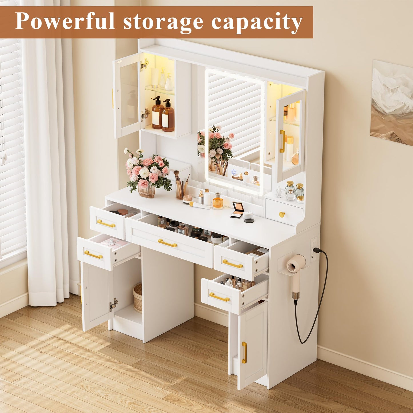 NBYSGO White Vanity with Mirror and LED Lights, Large Makeup Table Set with 2 Display Cabinets, 6 Drawers & 2 Storage Cabinets for Bedroom Dressing Room