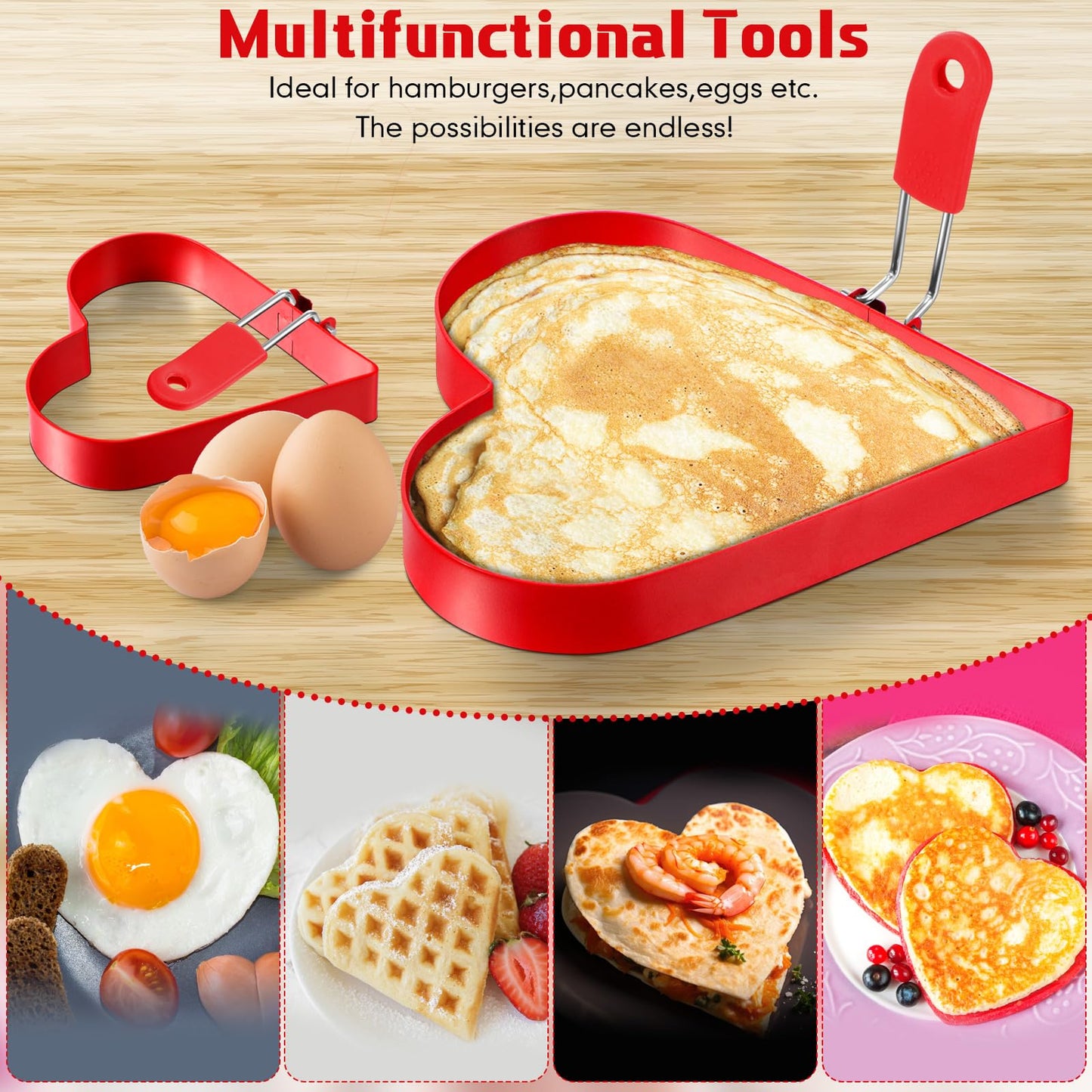 Patelai 6 Pcs Heart Pancake Mold Fried Hearts Shape Fried Egg Ring Set Stainless Steel Pancake Molds with Silicone Handle for Mothers Day Gift Breakfast Omelette Sandwich(Heart Style,4 Inch, 6 Inch)