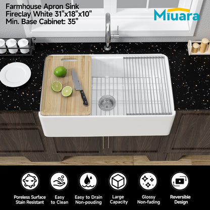 Miuara White Farmhouse Workstation Sink 31 Inch - Fireclay Apron Front Kitchen Sink Reversible 31"x18"x10", Farm House Style, Heavy Duty Deep Single Bowl, Undermount Installation, for Kitchen
