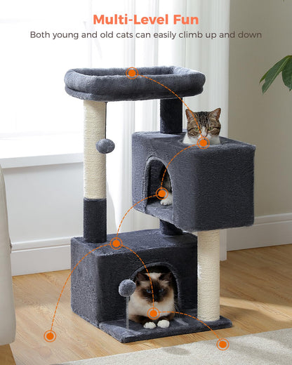 UYMI 32" Cat Tree Tower for Indoor Cats - 2 Cozy Condos, Multi-Level Cat Scratching Posts with Sisal, Soft Padded Perch, 2 Dangling Toys, Dark Grey