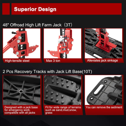 BUNKER INDUST Offroad High Lift Jack with Pair Traction Board Mate,48" FarmJack with Sand Mud Snow Track Mat Board, Offroad Tire Recovery Kit for Car Truck Jeep ATV SUV UTV