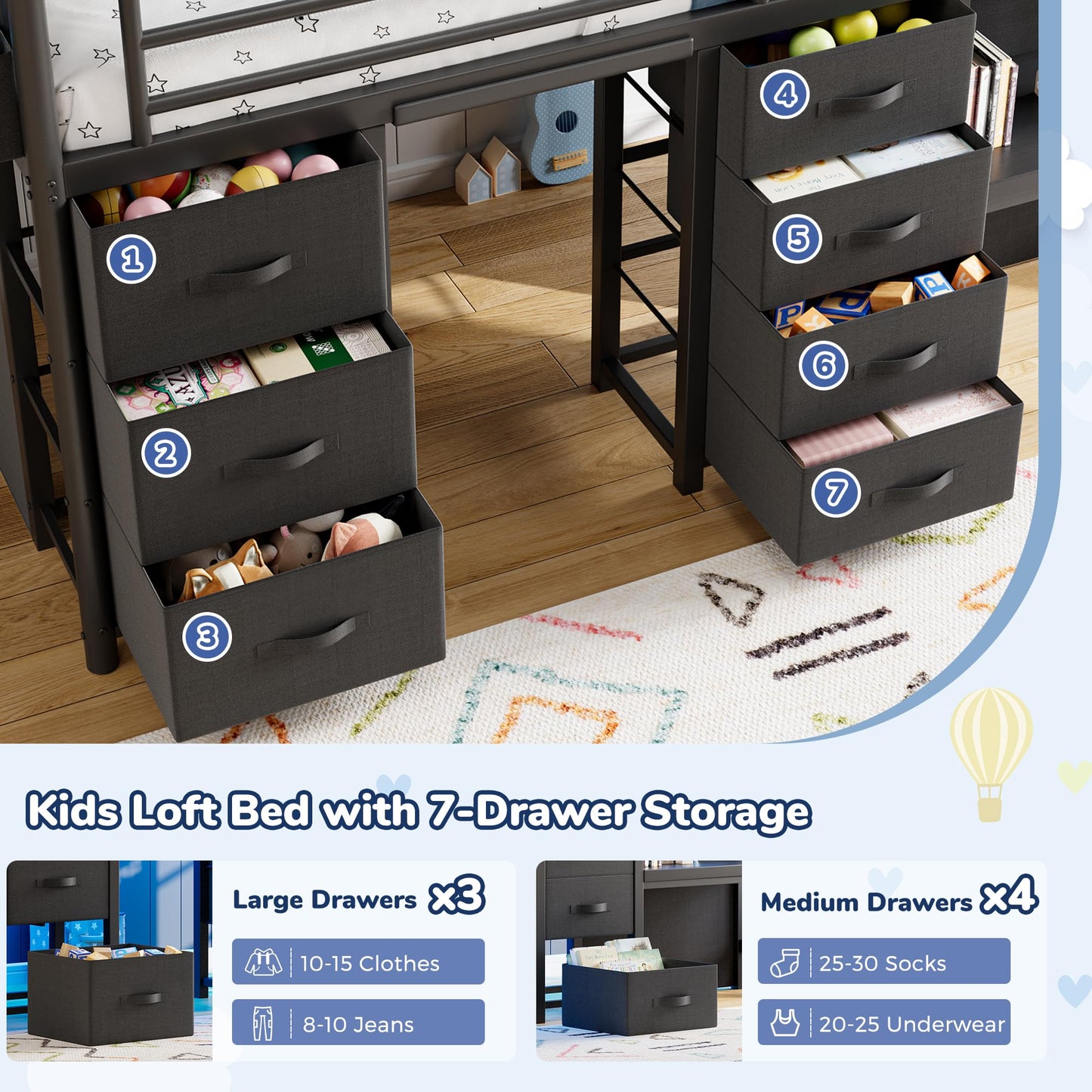 Low Loft Bed Twin Size with 7 Storage Drawers, Desk and LED Lights, Heavy Duty Metal Kids Loft Bed with 13.8" H Safety Guardrail, Anti-Collision Pad, Private Play Curtain, Under-Bed Play Space - Black