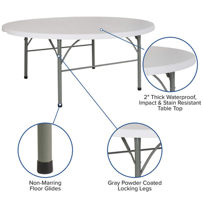 Flash Furniture Stonewall 6' Round Plastic Folding Event Table with Carrying Handle, Bi-Fold Banquet Table for Indoor/Outdoor Events, White